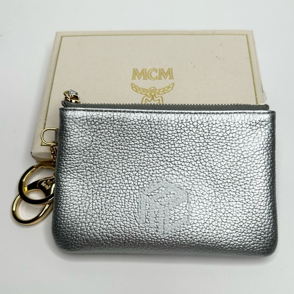 MCM Metallic Silver Visetos Leather Coin/Card
Pouch w/ Gold Keychain, NWT